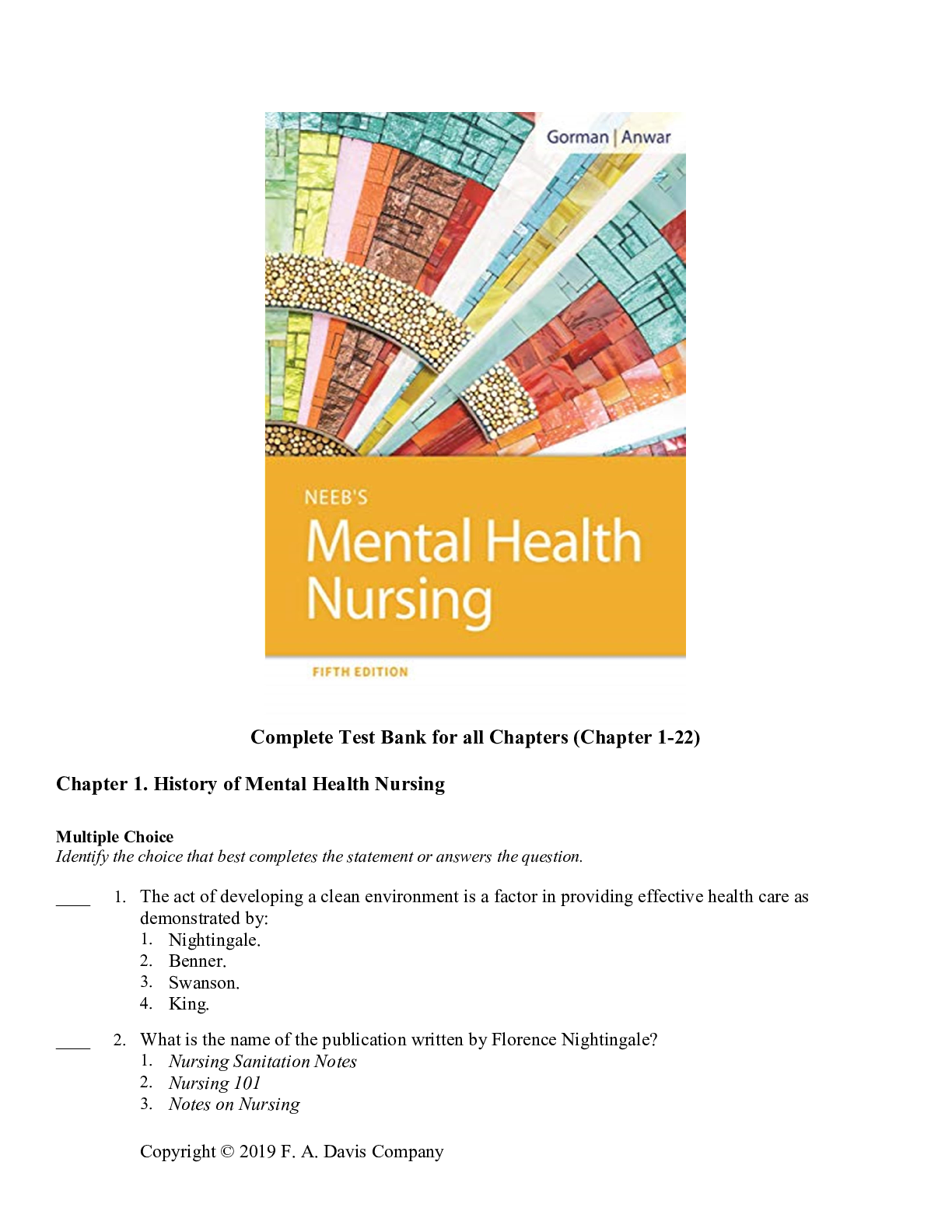 Preview of Neeb's Mental Health Nursing 5th Edition by Linda M. Gorman, Robynn Anwar | Chapter 1-22 |